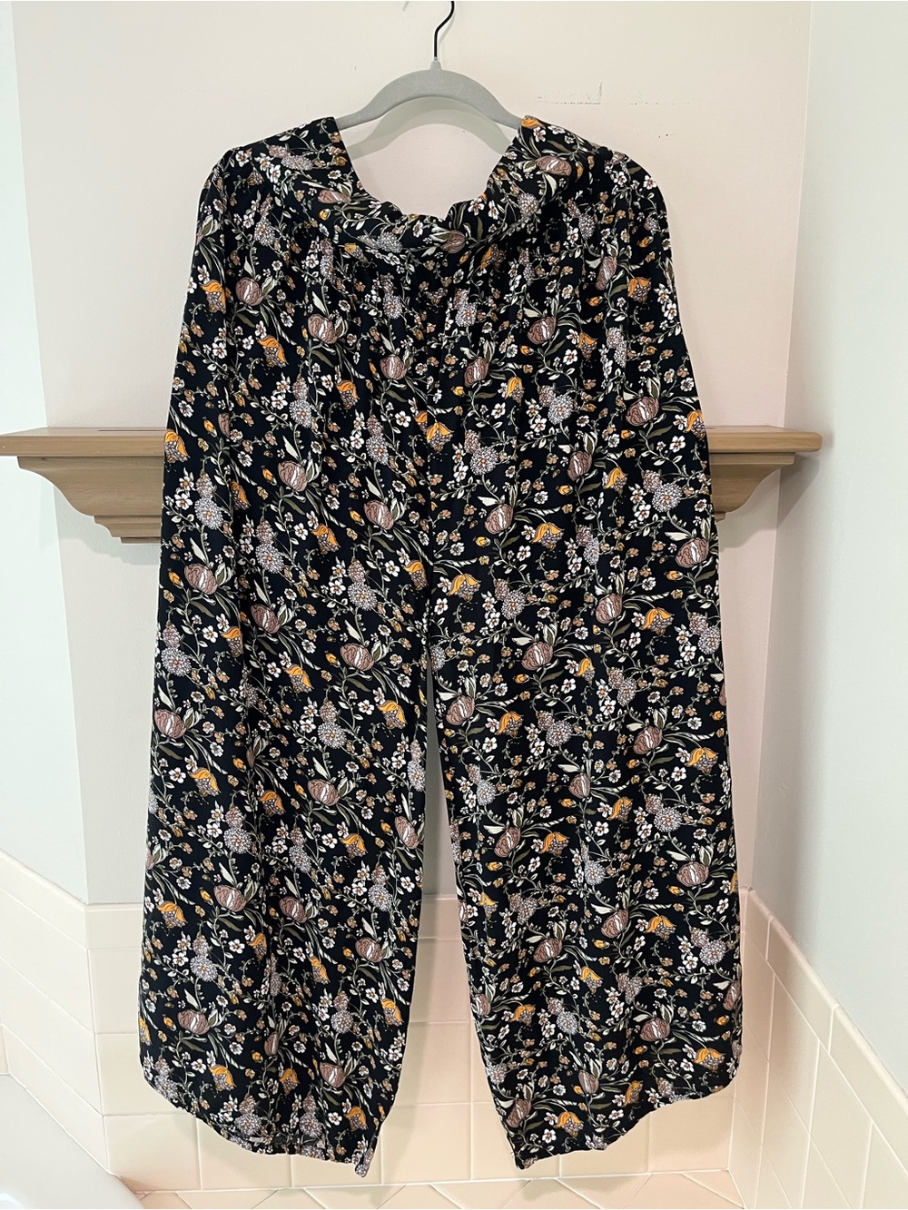 NATURAL LIFE Black Floral Wide-Leg Pants with Cream & Gold Accents